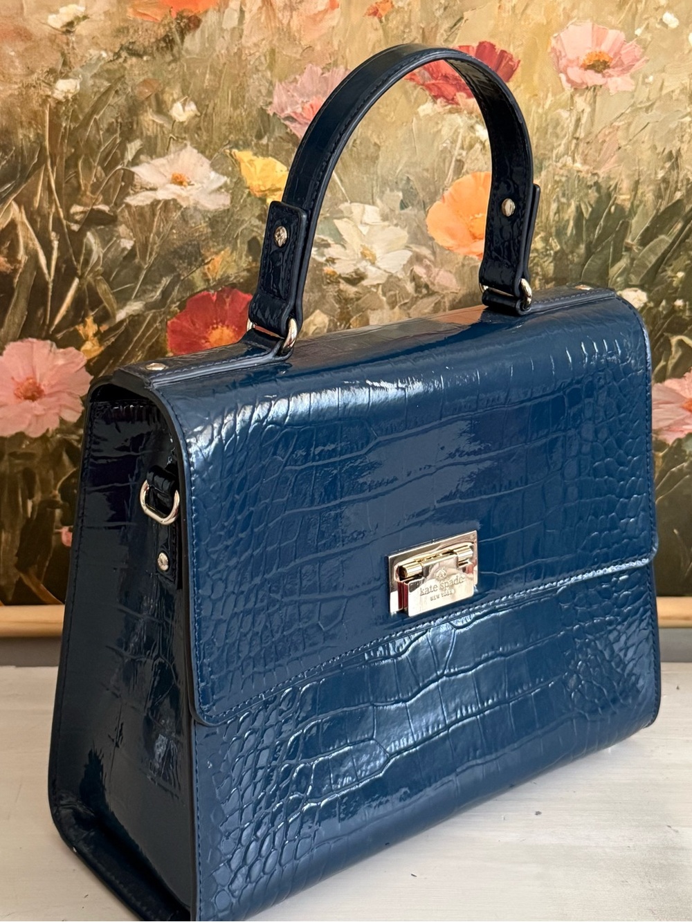 kate spade Glossy Blue Croc-Embossed Top-Handle Satchel